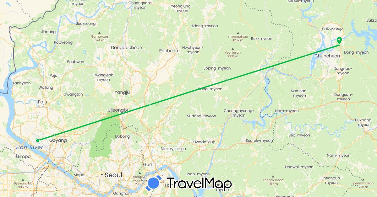 TravelMap itinerary: driving, bus in South Korea (Asia)